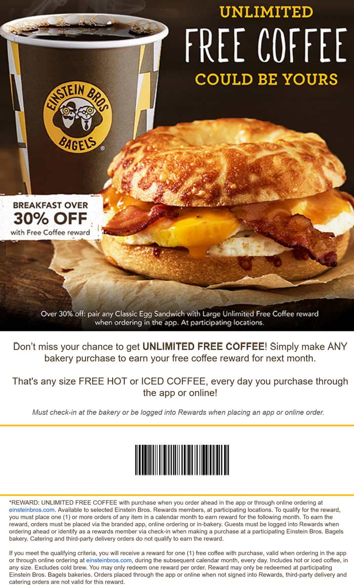 Einstein Bros Bagels restaurants Coupon  Unlimited free coffee with your online order at Einstein Bros Bagels #einsteinbrosbagels 