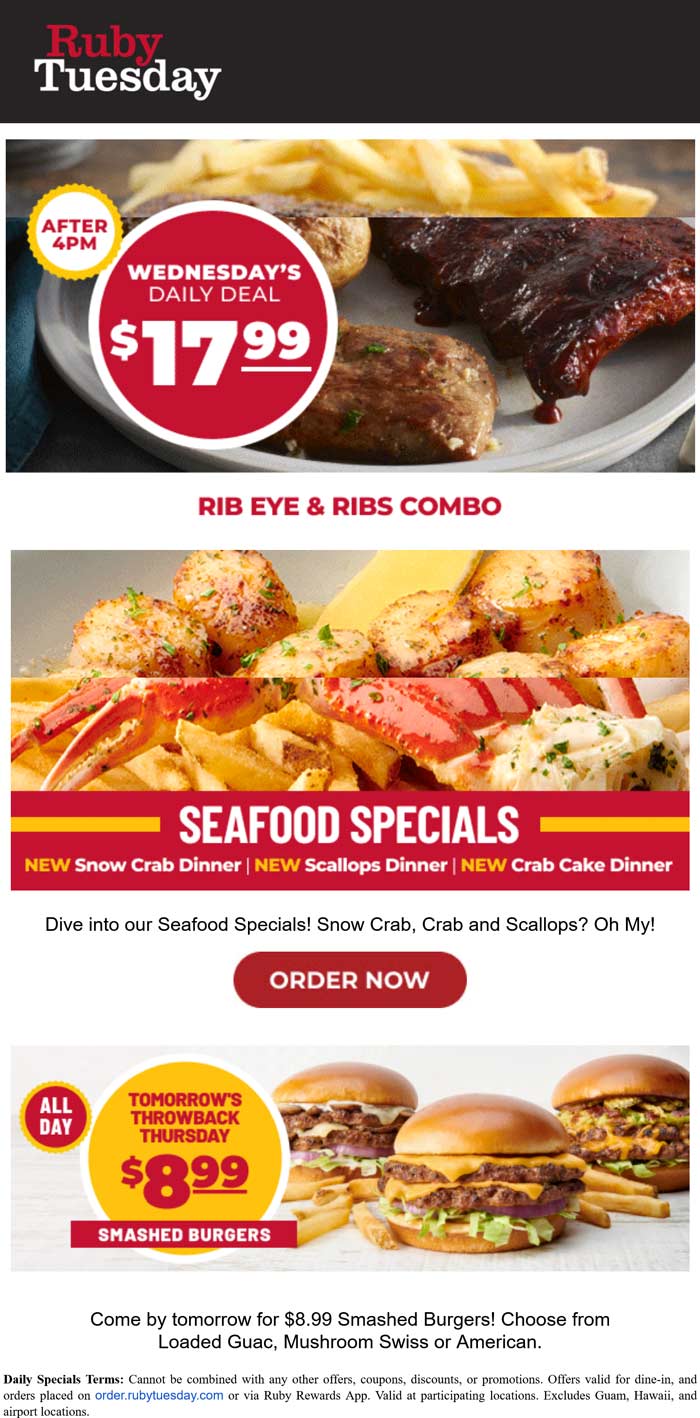 Ruby Tuesday restaurants Coupon  $8 garden bar $12 ribs & fries + $18 steak & ribs combo meal today at Ruby Tuesday #rubytuesday 