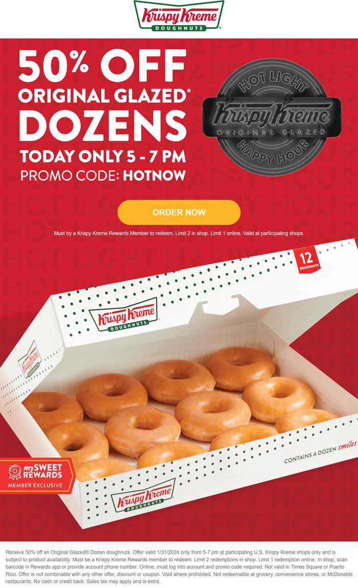 Krispy Kreme restaurants Coupon  50% off dozens today 5-7p at Krispy Kreme doughnuts via promo code HOTNOW #krispykreme 