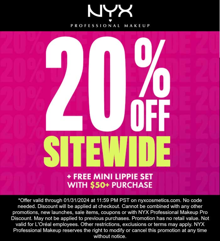 NYX Professional Makeup stores Coupon  20% off everything + free lippie set on $50 online today at NYX Professional Makeup #nyxprofessionalmakeup 