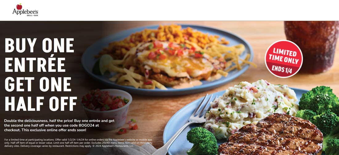 Applebees restaurants Coupon  Second entree 50% off today at Applebees #applebees 