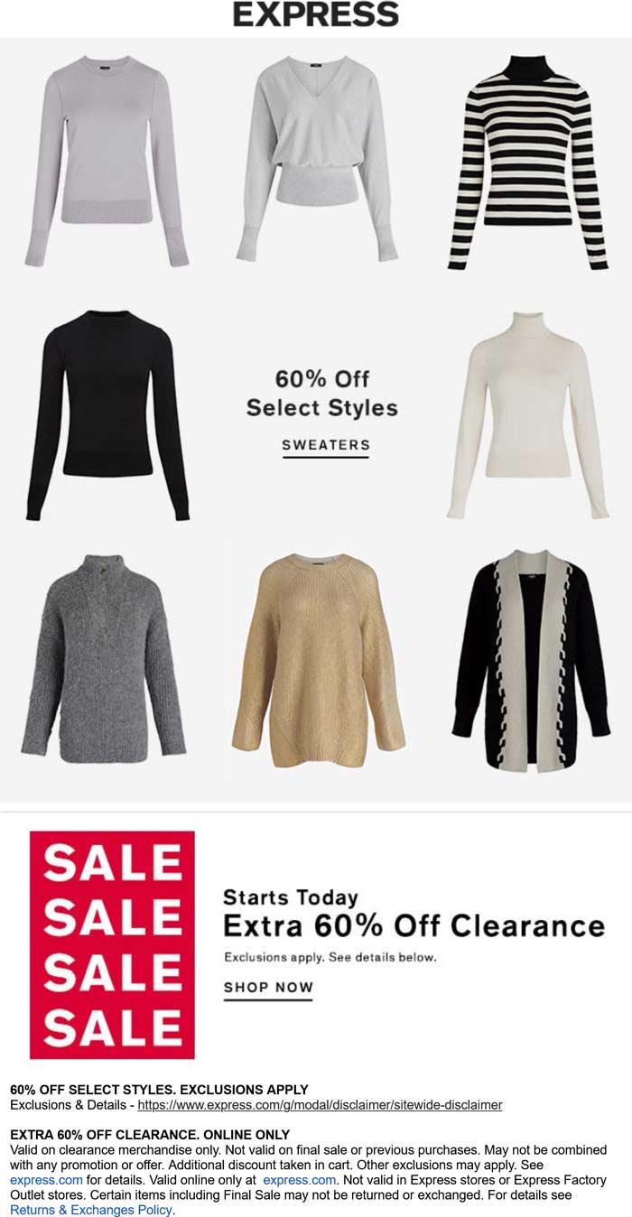 Extra 60% off clearance & more online at Express #express