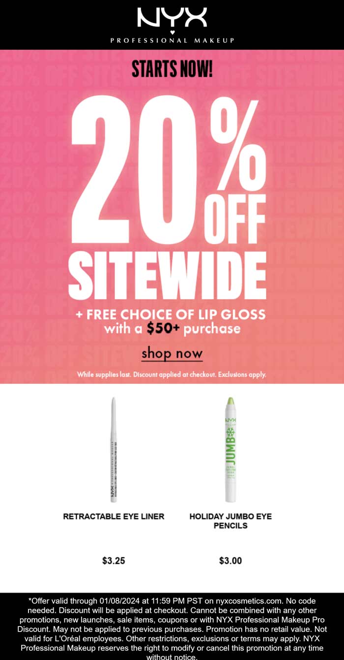 20% off everything + free lip gloss on $50 online at NYX Professional Makeup #nyxprofessionalmakeup