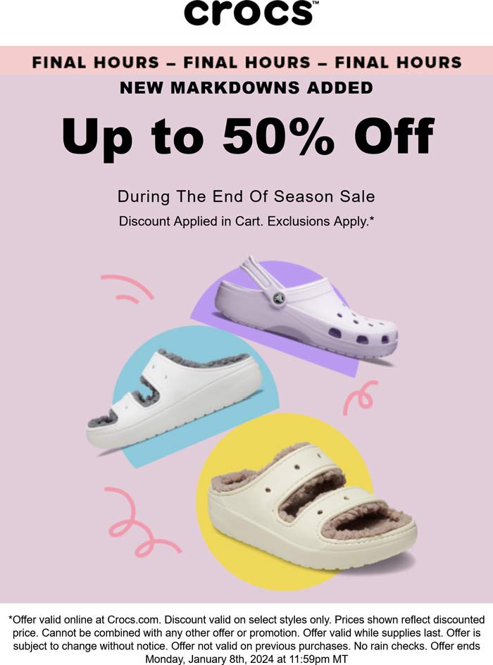 Crocs stores Coupon  Various last years styles are 50% off online at Crocs #crocs 