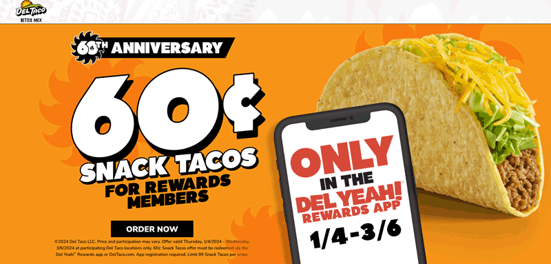 .60 cent snack tacos via mobile at Del Taco #deltaco