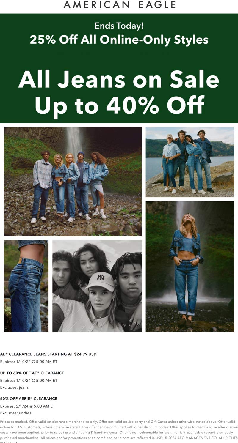 American Eagle stores Coupon  25% off online-only styles & more today at American Eagle #americaneagle 