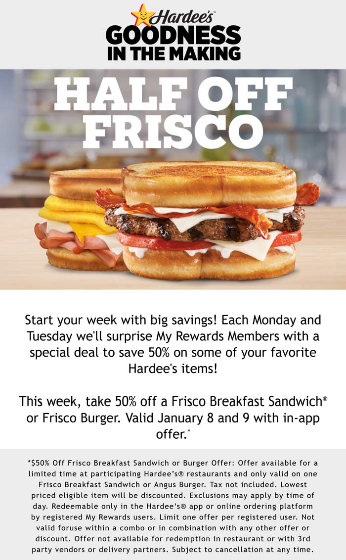 Hardees restaurants Coupon  50% off frisco breakfast sandwich or cheeseburger online at Hardees #hardees 