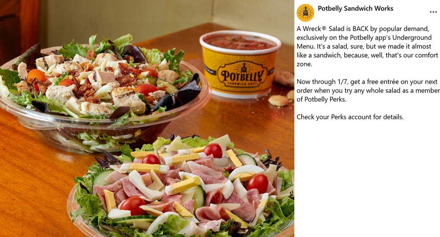 Potbelly restaurants Coupon  Follow-up entree free with your salad today online at Potbelly Sandwich Works #potbelly 