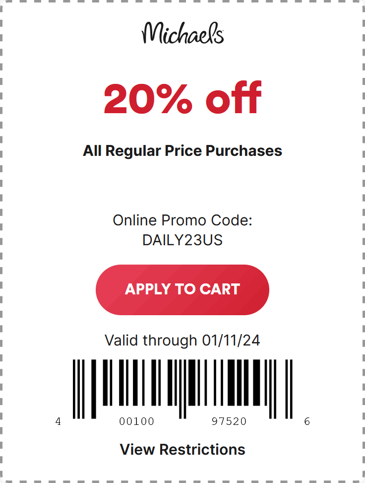 Michaels stores Coupon  20% off at Michaels crafts, or online via promo code DAILY23US #michaels 