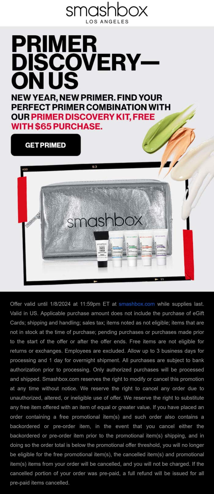 Free primer makeup kit on $65 today at Smashbox cosmetics #smashbox