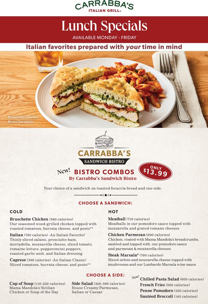 Carrabbas restaurants Coupon  $14 lunch bistro combo meals at Carrabbas Italian Grill #carrabbas 