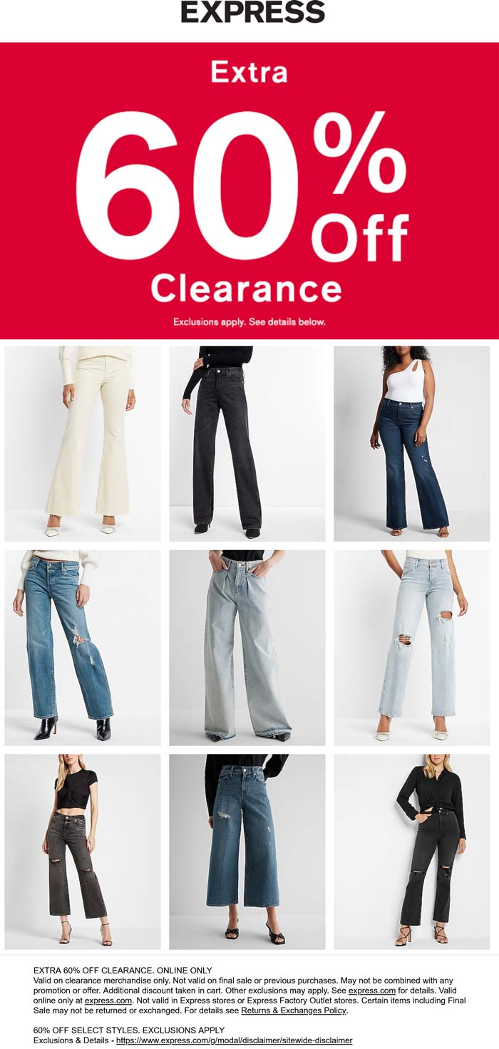 Express stores Coupon  Extra 60% off clearance online at Express #express 