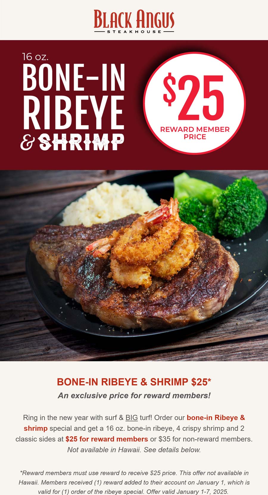 Black Angus restaurants Coupon  1lb Ribeye steak + shrimp + 2 sides = $25 at Black Angus #blackangus 