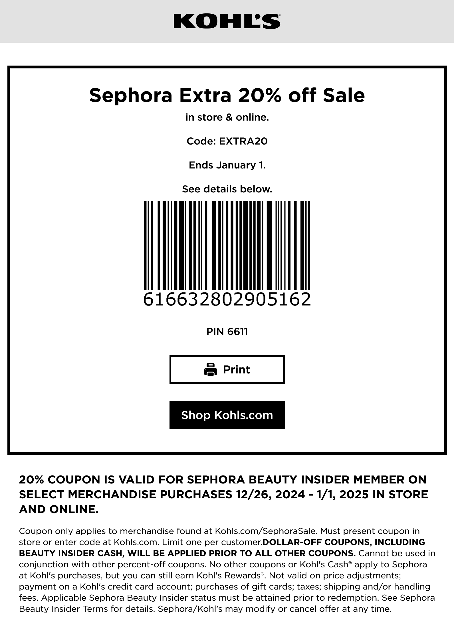 Kohls stores Coupon  Extra 20% off Sephora inside Kohls today, or online via promo code EXTRA20 #kohls 