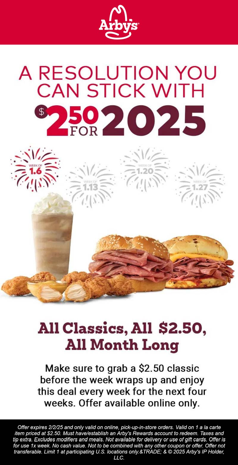 Arbys restaurants Coupon  All classic sandwiches $2.50 online all month at Arbys restaurants #arbys 