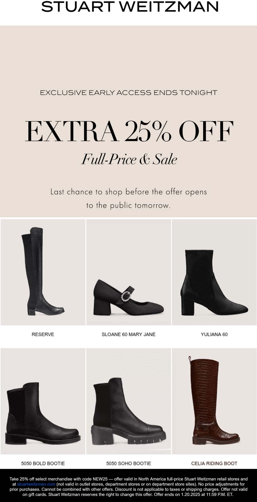 Stuart Weitzman stores Coupon  Extra 25% off today at Stuart Weitzman, ditto online #stuartweitzman 