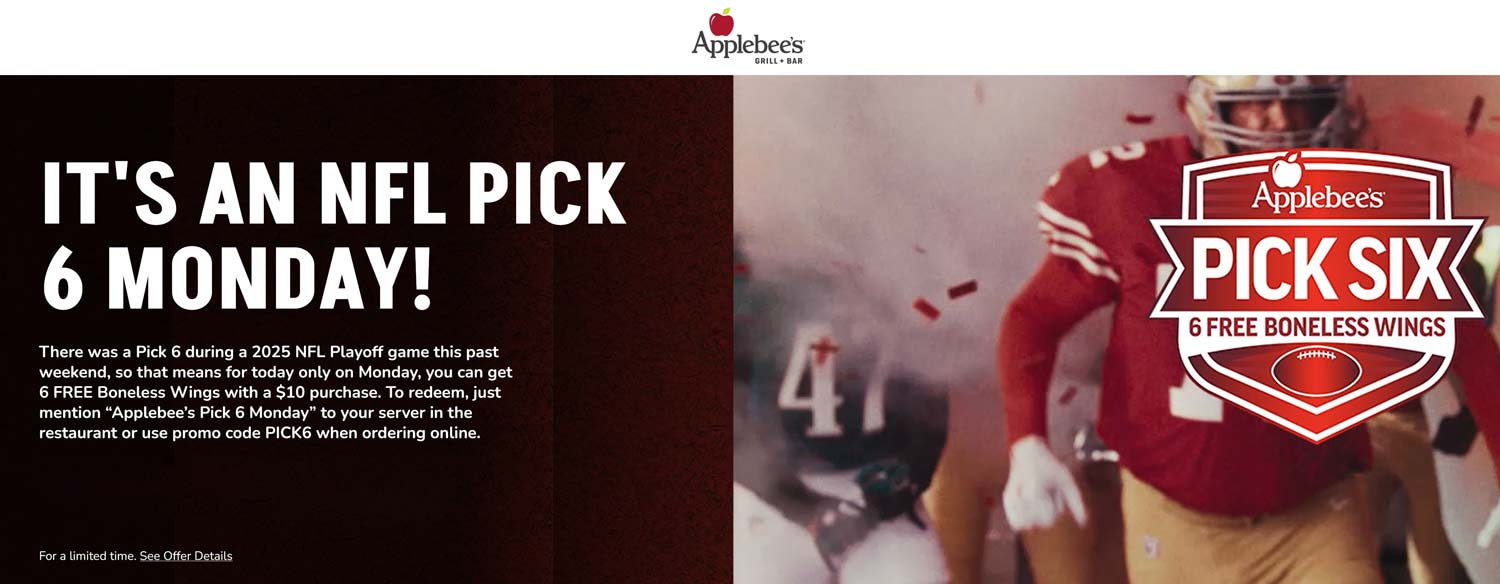 Applebees restaurants Coupon  6 free boneless chicken wings on $10 today at Applebees, or online via promo code PICK6 #applebees 