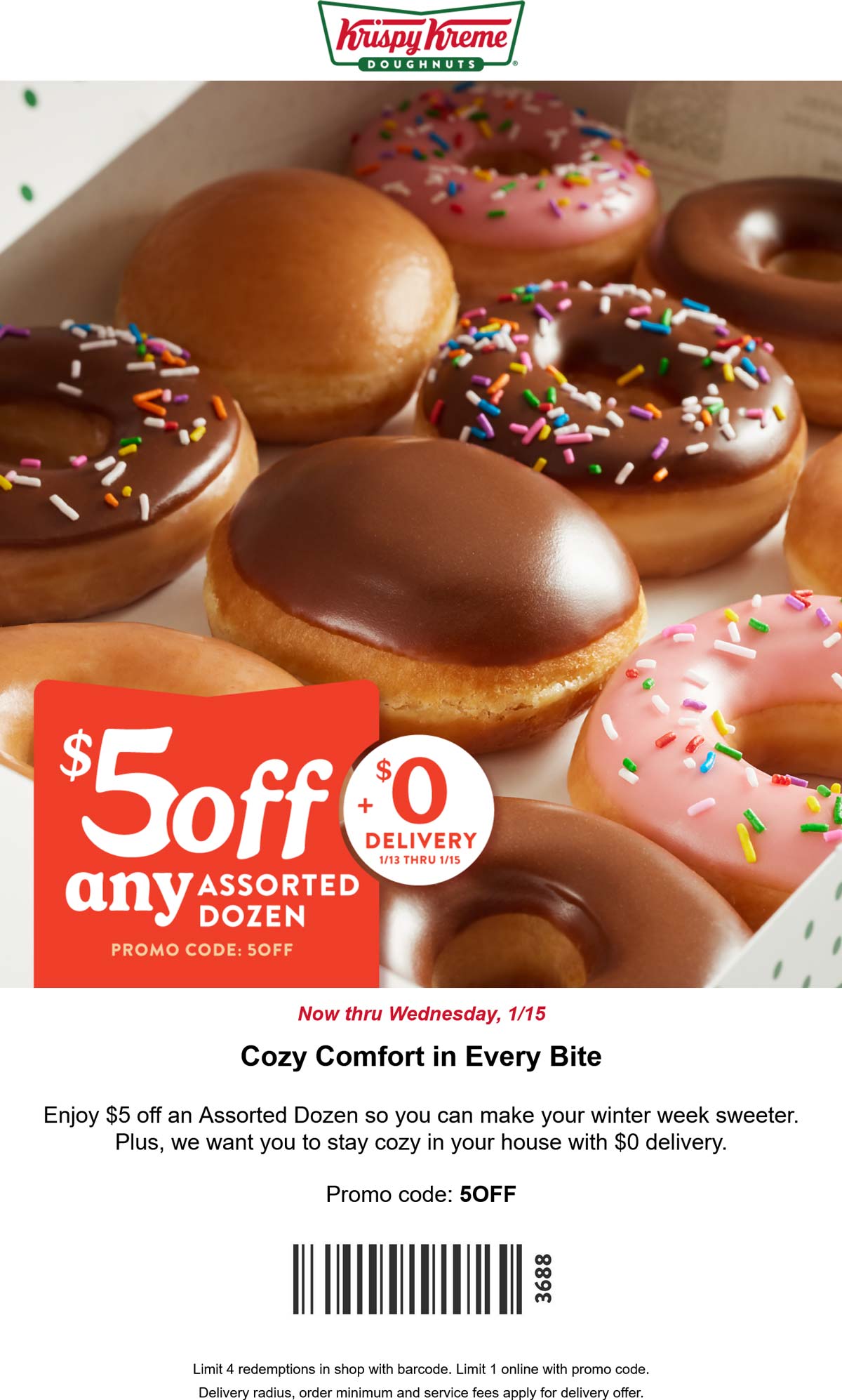 Krispy Kreme restaurants Coupon  $5 off an assorted dozen doughnuts at Krispy Kreme, or online via promo code 5OFF #krispykreme 