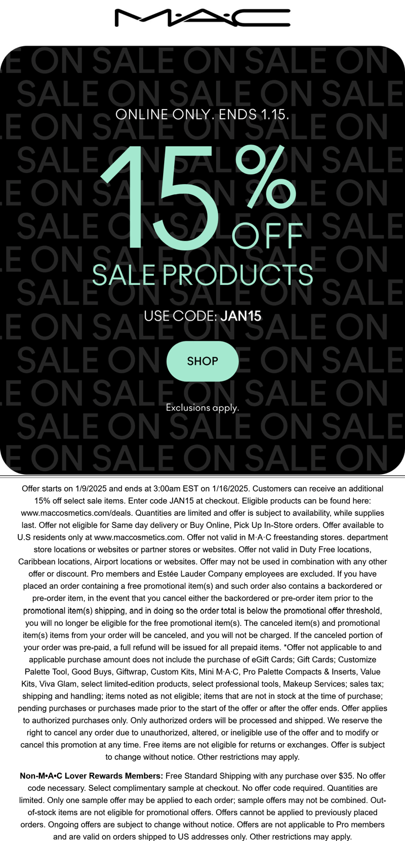 MAC stores Coupon  15% off sale items online today at MAC cosmetics via promo code JAN15 #mac 