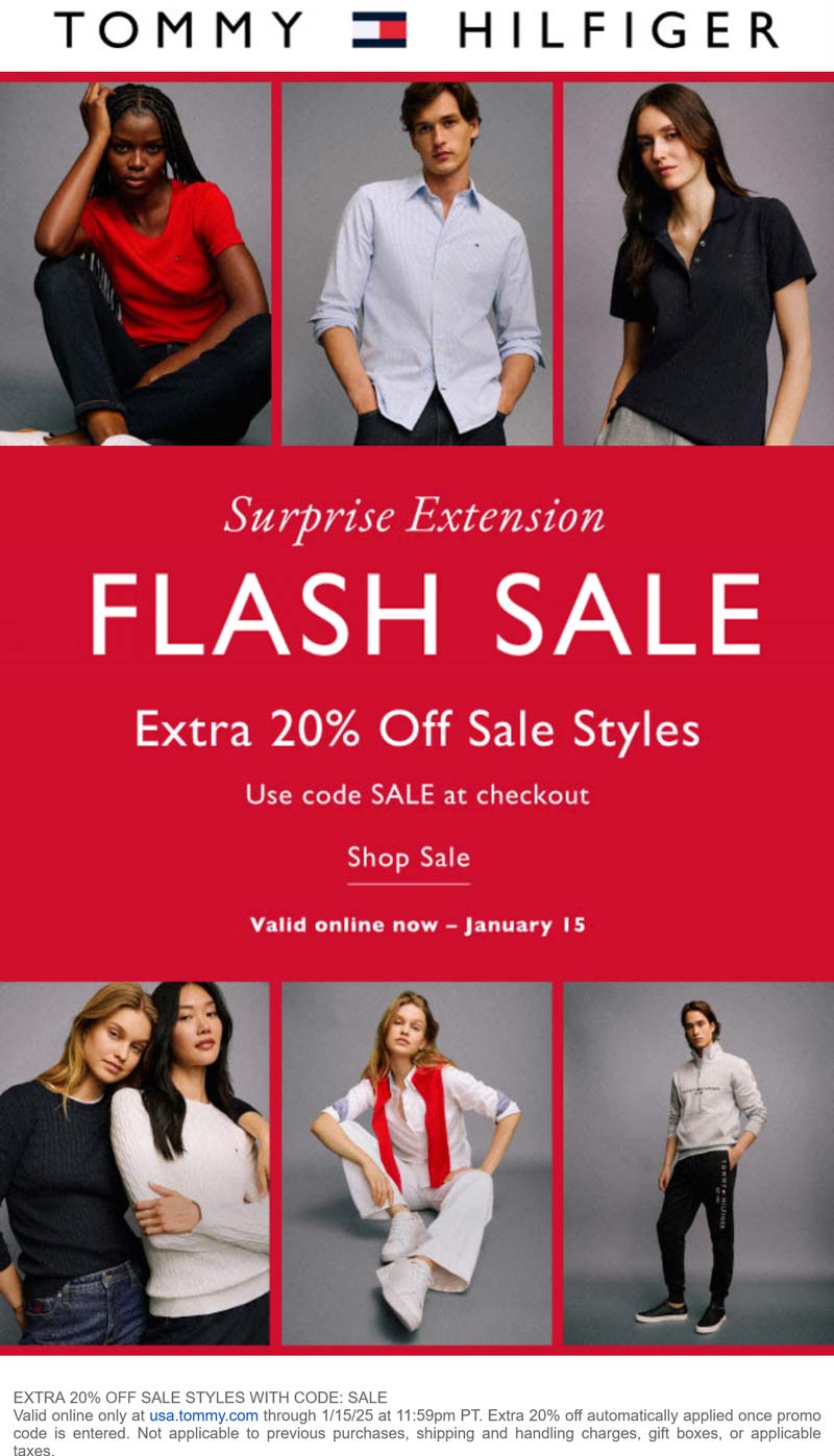 Tommy Hilfiger stores Coupon  Extra 20% off sale styles online today at Tommy Hilfiger via promo code SALE #tommyhilfiger 