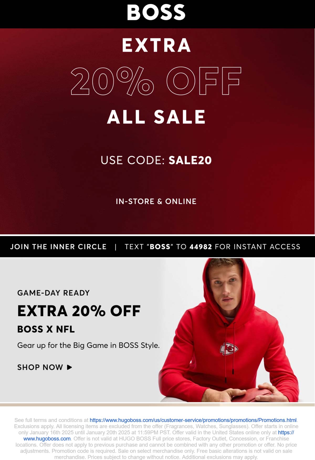 BOSS stores Coupon  Extra 20% off sale items at BOSS, or online via promo code SALE20 #boss 