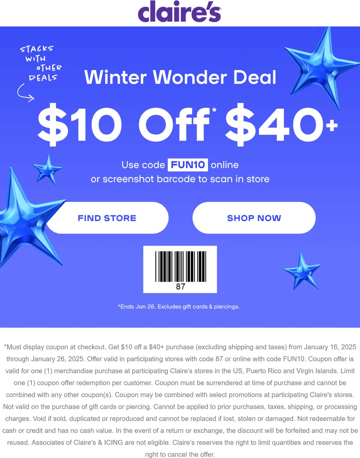 Claires stores Coupon  $10 off $40 at Claires, or online via promo code FUN10 #claires 