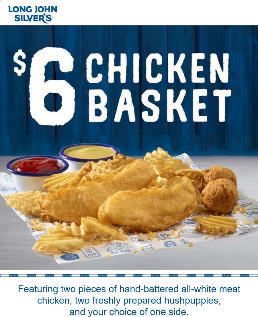 Long John Silvers restaurants Coupon  2pc chicken + 2 huspuppies + side = $6 chicken basket at Long John Silvers #longjohnsilvers 