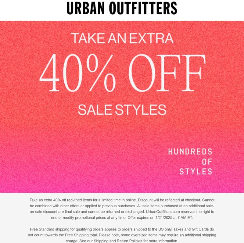 Urban Outfitters stores Coupon  Extra 40% off sale styles online at Urban Outfitters #urbanoutfitters 