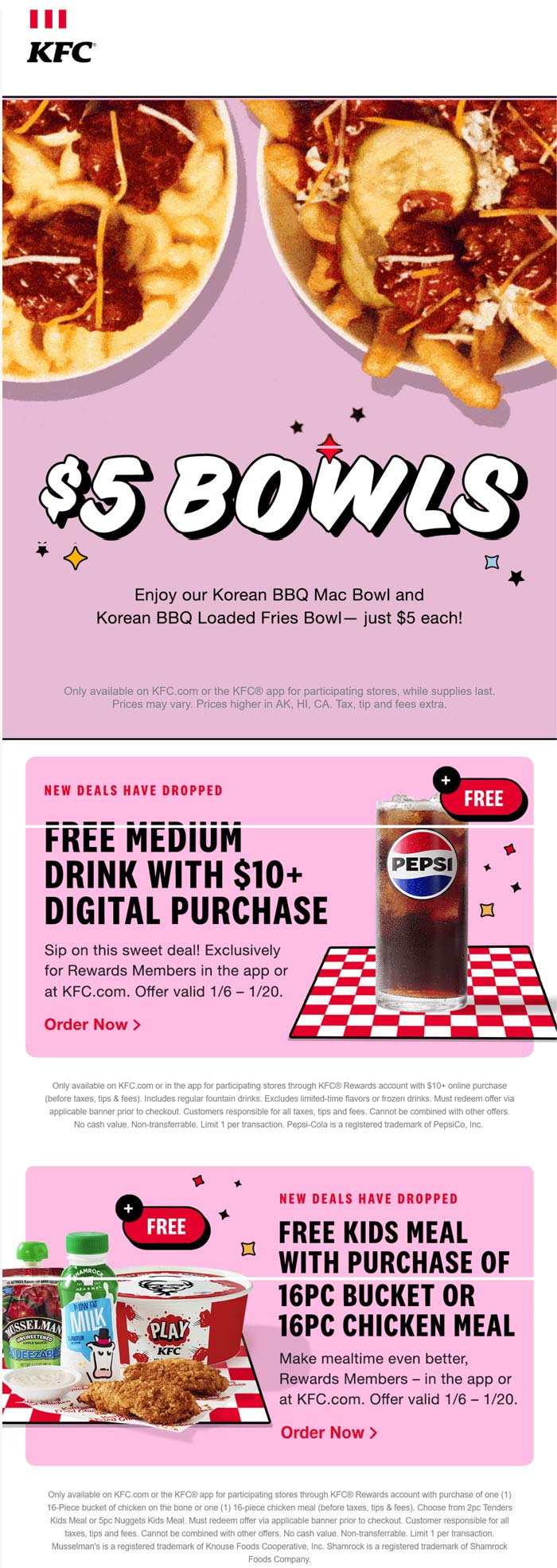 KFC restaurants Coupon  $5 bowls, free kids meal with 16pc & more online at KFC restaurants #kfc 