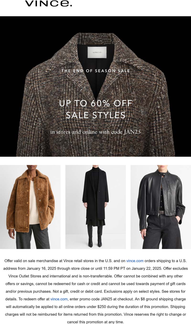 Vince stores Coupon  Extra 25% off at Vince, or online via promo code JAN25 #vince 