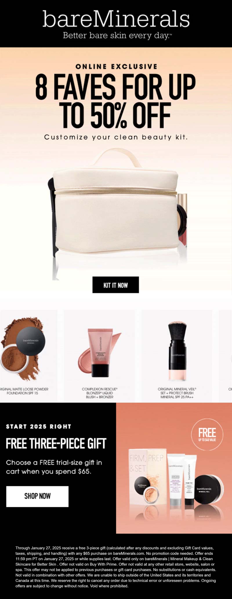 bareMinerals stores Coupon  Free 3pc on $65 at bareMinerals #bareminerals 