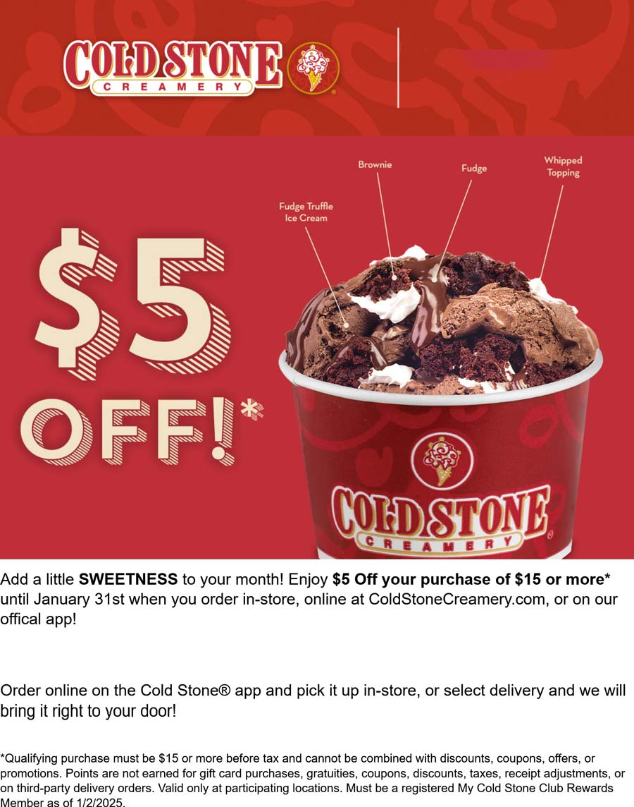 Cold Stone Creamery stores Coupon  $5 off $15 at Cold Stone Creamery #coldstonecreamery 