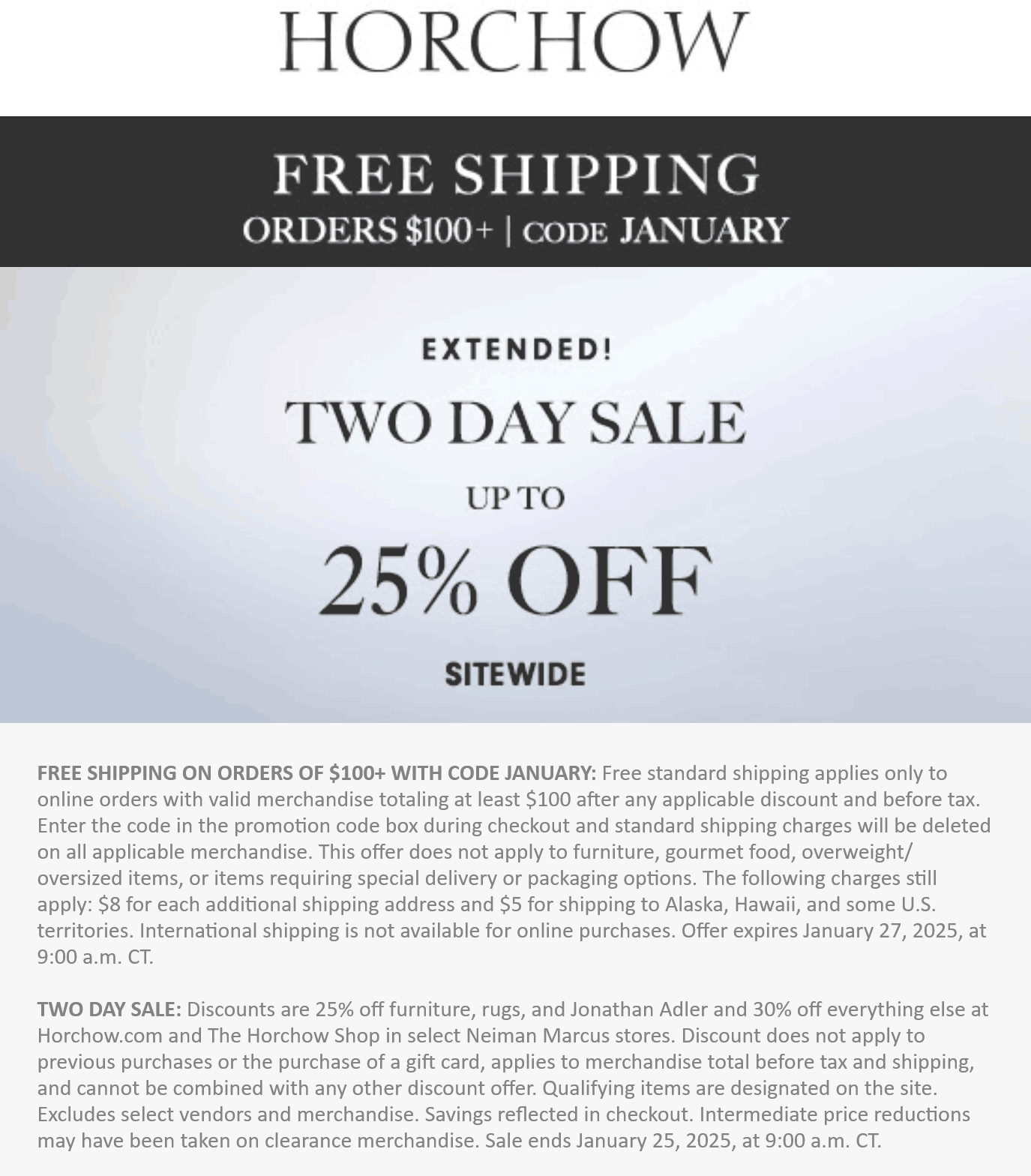 Horchow stores Coupon  25-30% off everything today at Horchow via promo code JANUARY #horchow 