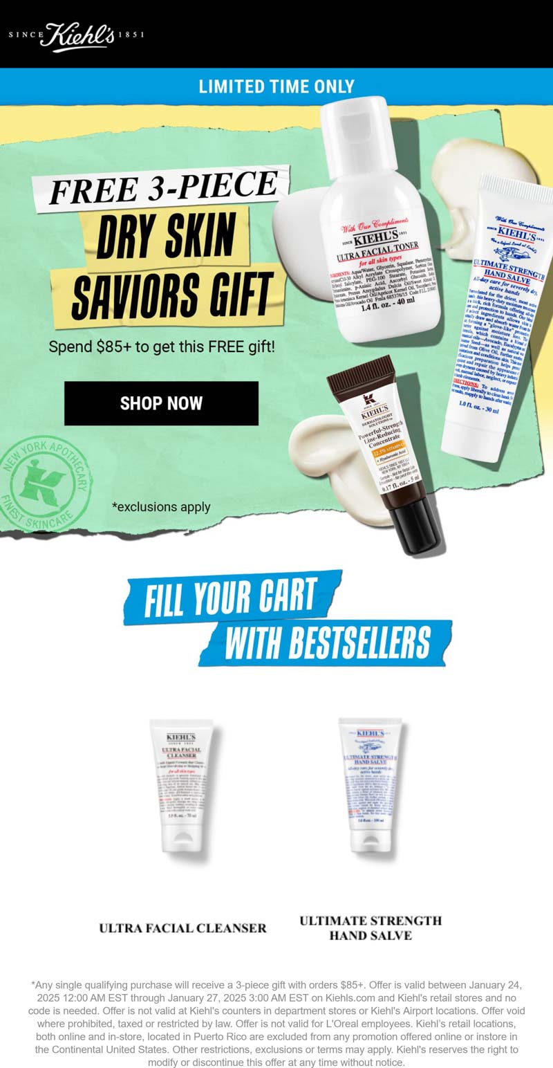 Kiehls stores Coupon  Free 3pc on $85 at Kiehls #kiehls 