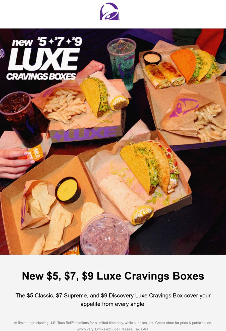 Taco Bell restaurants Coupon  $5-$9 deluxe cravings boxes at Taco Bell #tacobell 