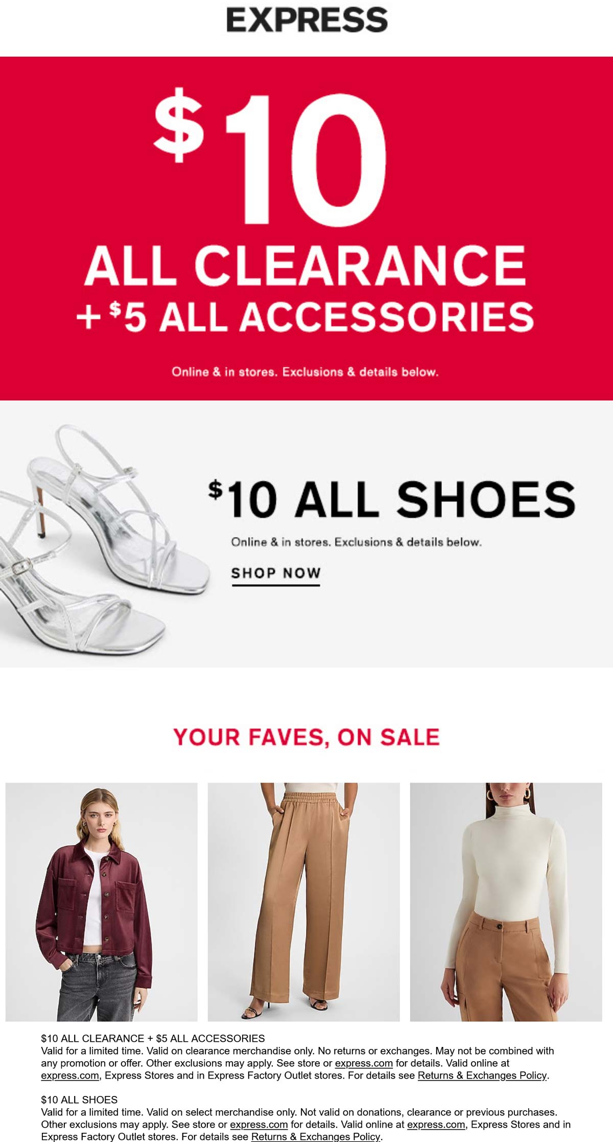 Express stores Coupon  $10 all clearance & shoes + $5 all accessories today at Express #express 