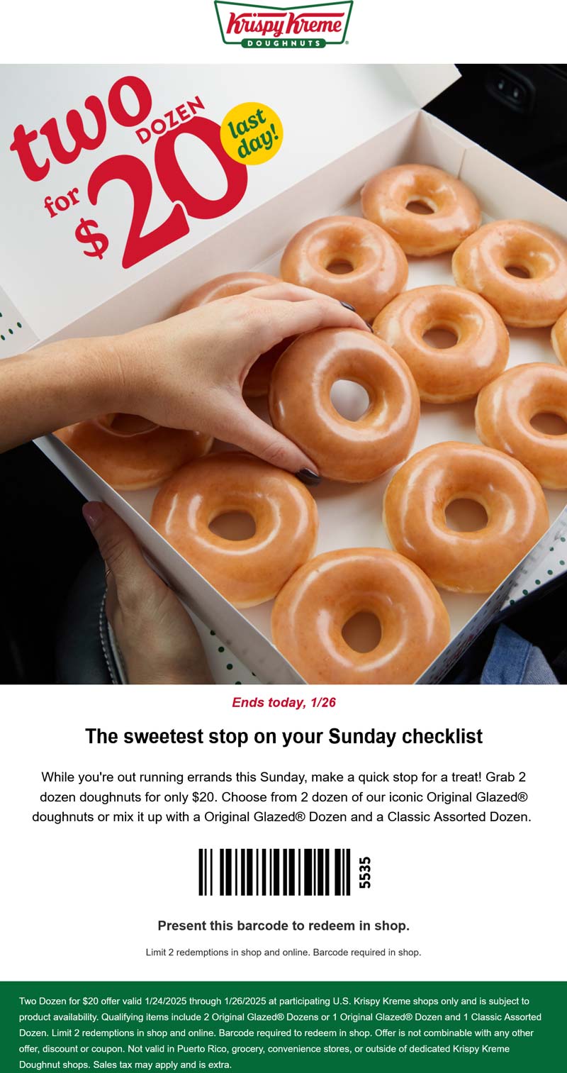 Krispy Kreme restaurants Coupon  2 dozen doughnuts = $20 today at Krispy Kreme #krispykreme 