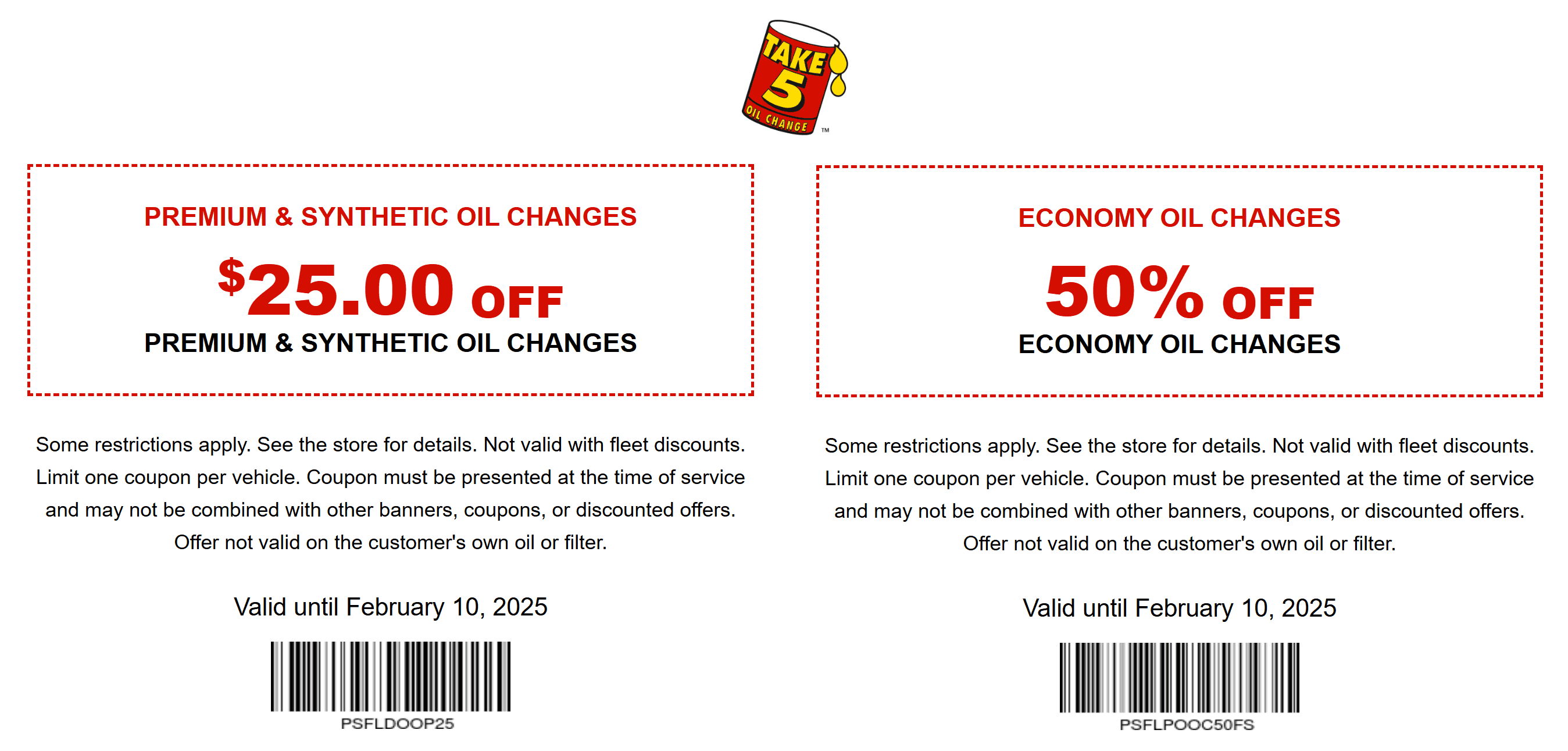 Take 5 stores Coupon  50% off oil changes & more at Take 5 #take5 