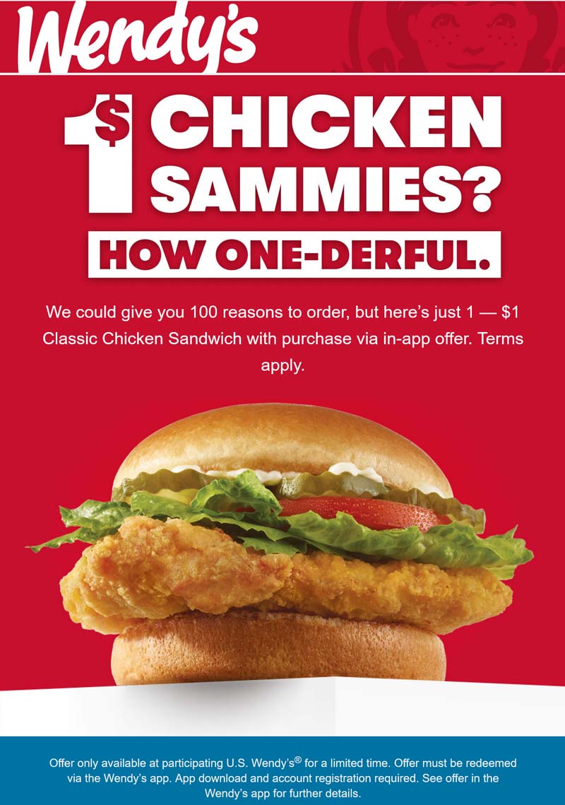 Wendys restaurants Coupon  $1 chicken sandwich via mobile at Wendys #wendys 