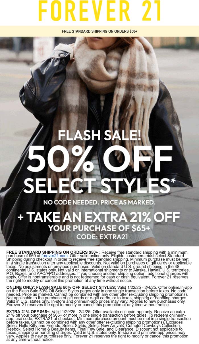 Forever 21 stores Coupon  50-71% off $65+ online at Forever 21 via promo code EXTRA21 #forever21 