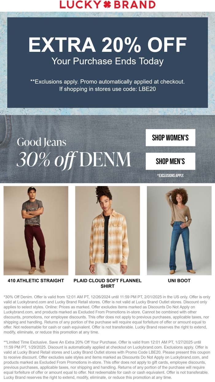 Lucky Brand stores Coupon  Extra 20% off today at Lucky Brand via promo code LBE20 #luckybrand 