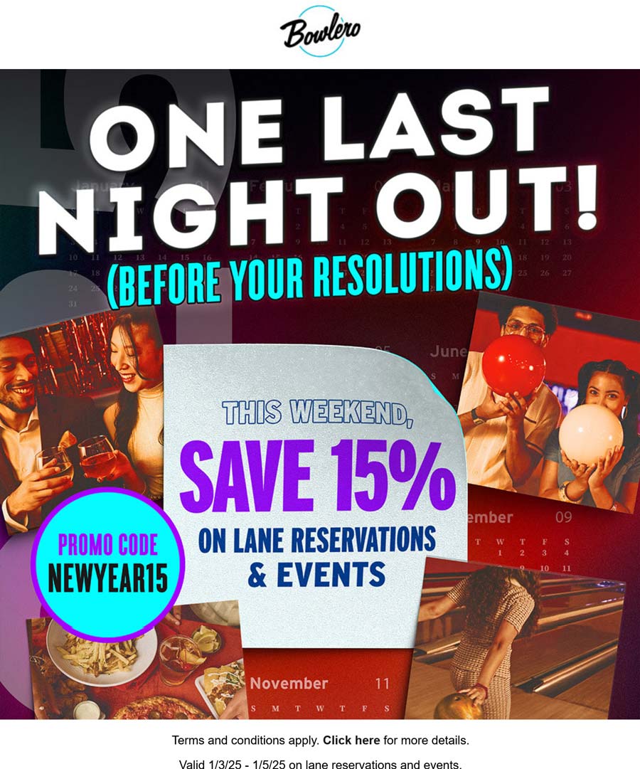 Bowlero stores Coupon  15% off lane reservations at Bowlero bowling alleys via promo code NEWYEAR15 #bowlero 