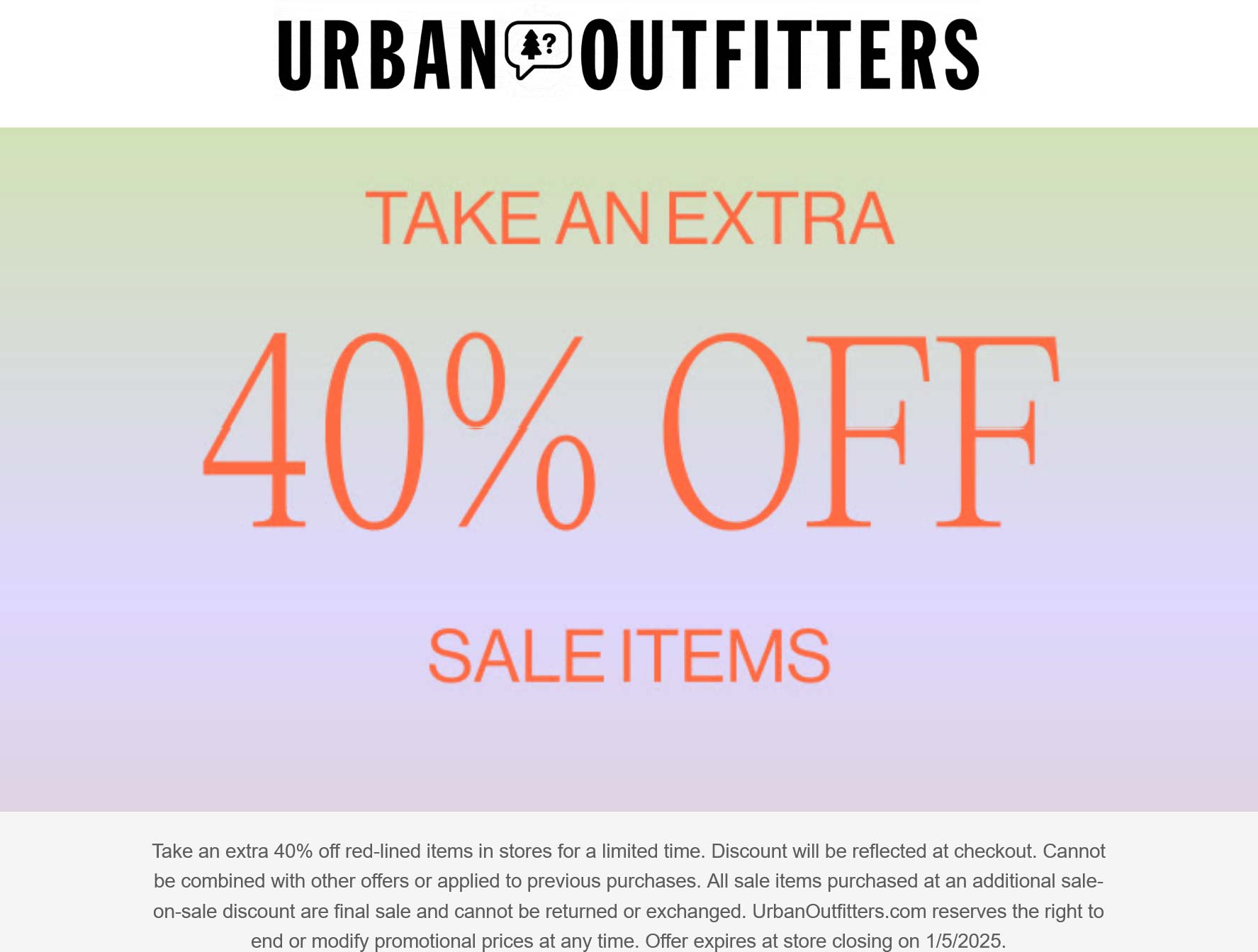 Urban Outfitters stores Coupon  Extra 40% off sale items at Urban Outfitters #urbanoutfitters 