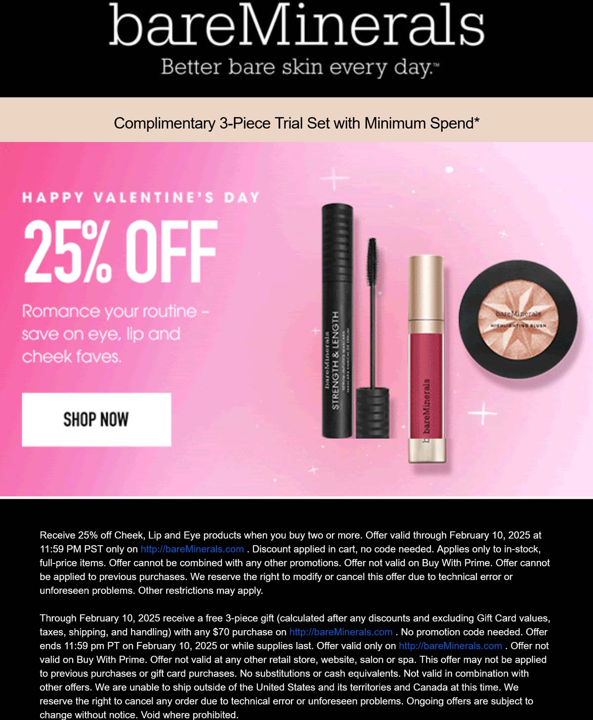 bareMinerals stores Coupon  25% off + free 3pc on $70+ online at bareMinerals #bareminerals 