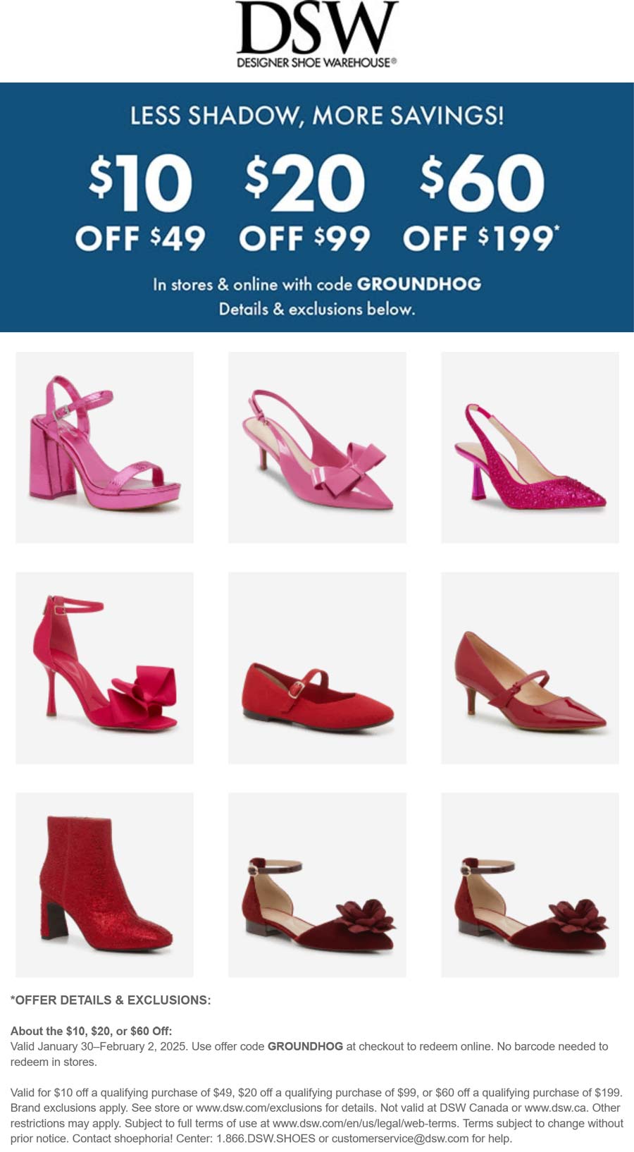 DSW stores Coupon  $10-$60 off $49+ at DSW, or online via promo code GROUNDHOG #dsw 