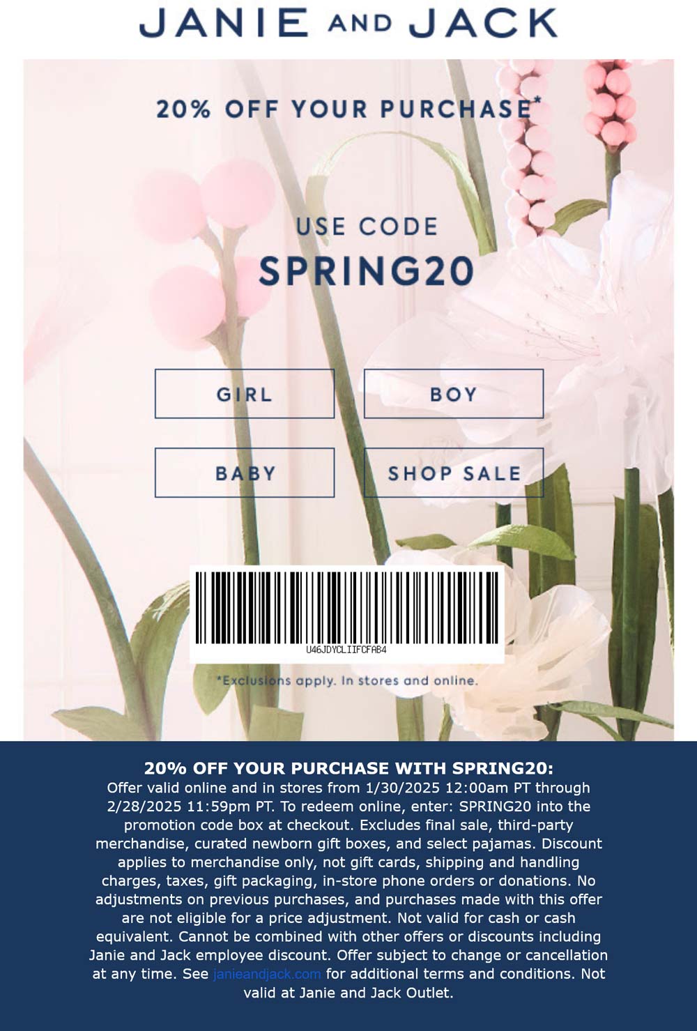 Janie and Jack stores Coupon  20% off at Janie and Jack, or online via promo code SPRING20 #janieandjack 