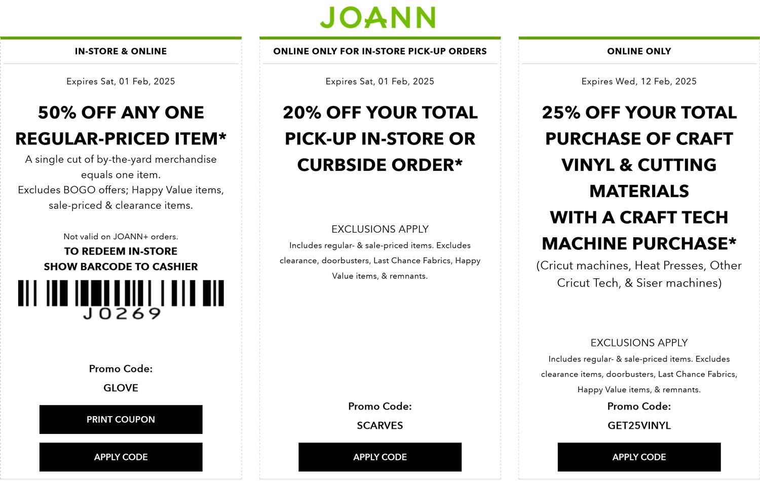 Joann stores Coupon  50% off a single item at Joann, or online via promo code GLOVE #joann 