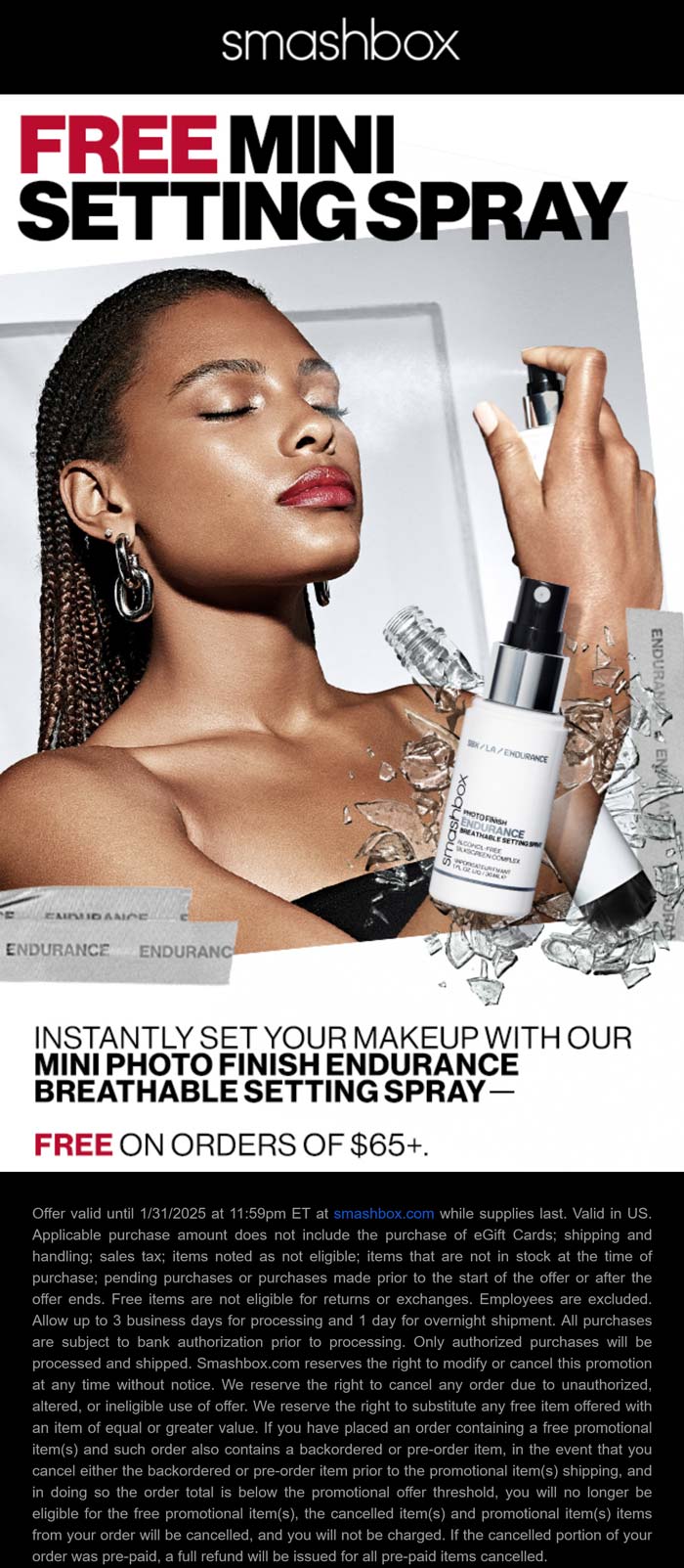 Smashbox stores Coupon  Free setting spray on $65+ at Smashbox cosmetics #smashbox 