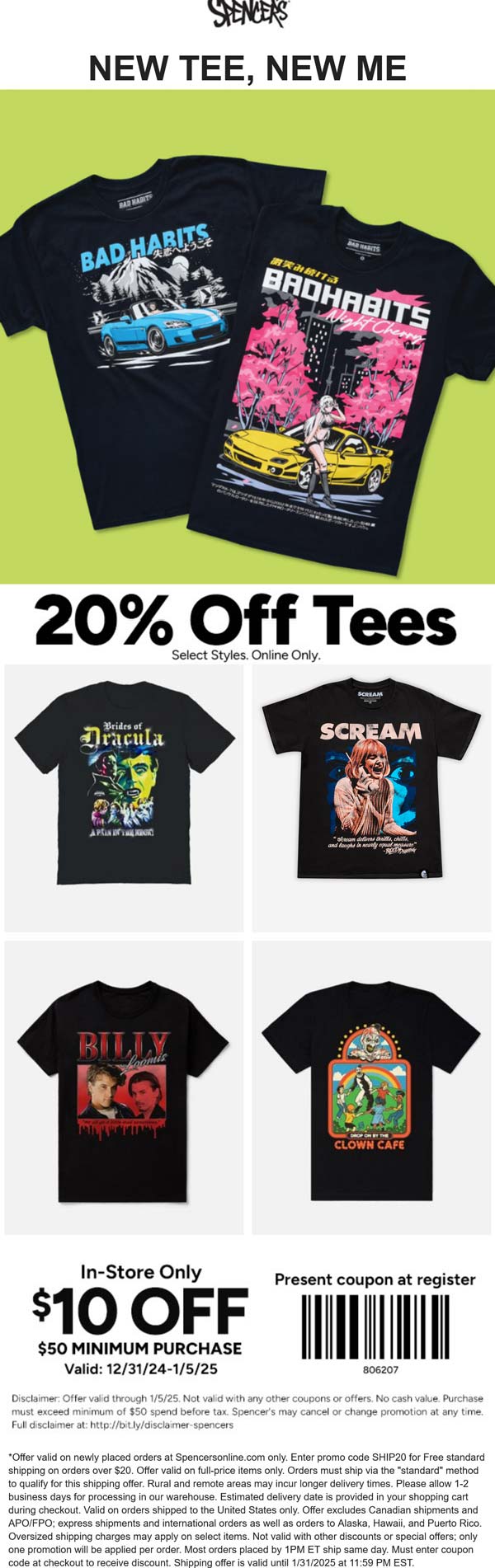 Spencers stores Coupon  $10 off $50 at Spencers, or 20% off tees online #spencers 