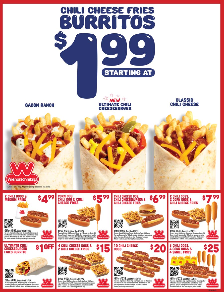 Wienerschnitzel restaurants Coupon  2 chilli dogs + fries = $5 & more at Wienerschnitzel restaurants #wienerschnitzel 